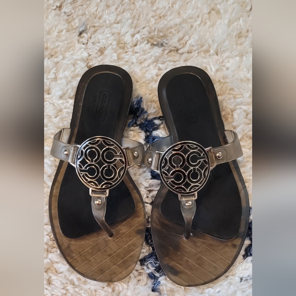 Coach Women's Jelly Rubber Thong Sandals 5 Logo Frosted Smoke Black